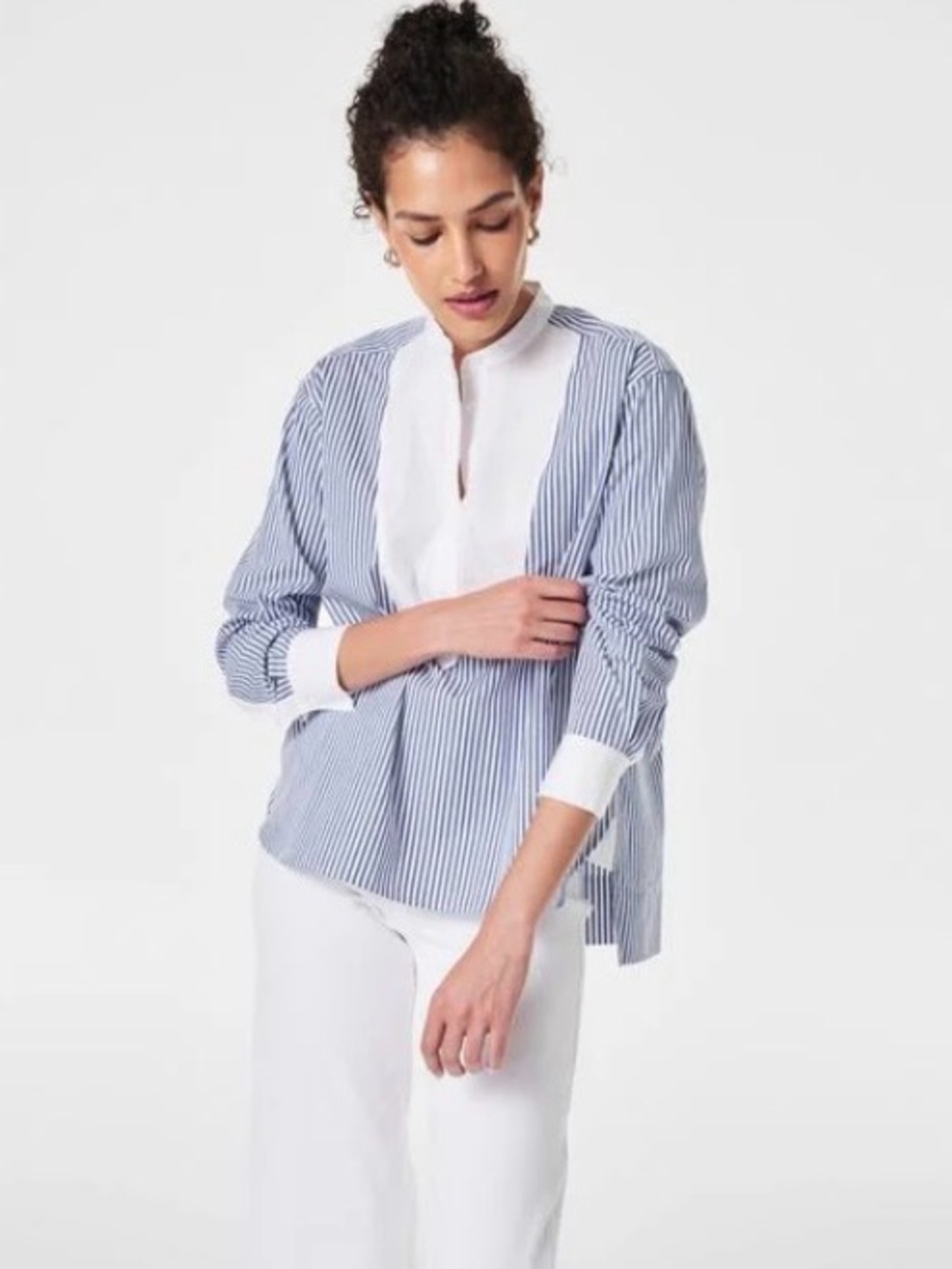 SPANX Blue & White Striped Tuxedo Shirt
